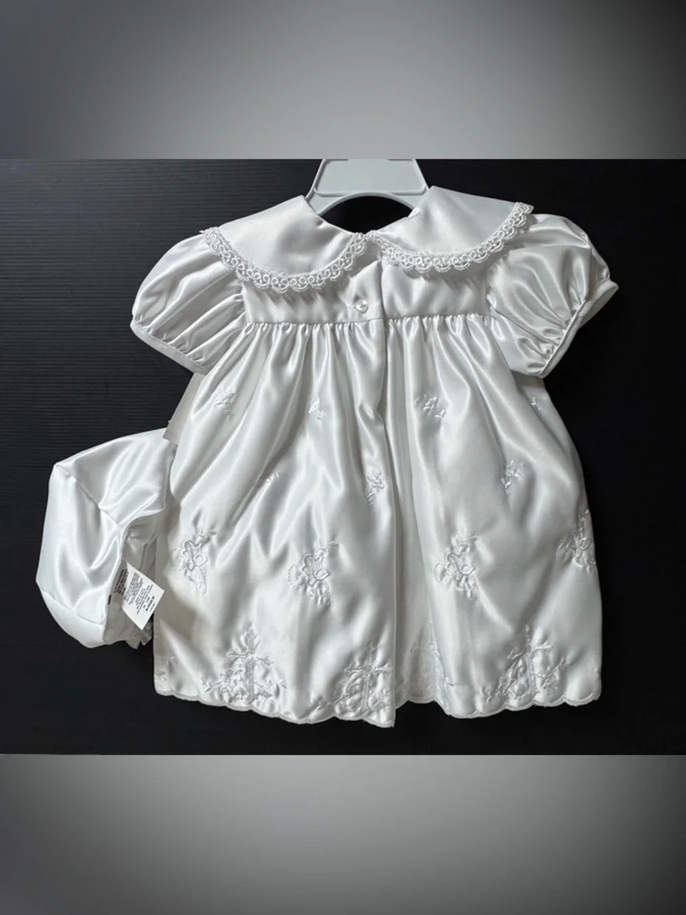Vintage White satin baby christening gown and bonnet set